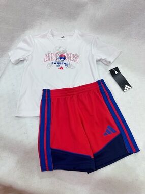 Boy’s Adidas White Baseball Tee with Red and Blue Athletic Shorts